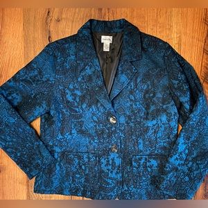 Chico’s Classic Lined Sapphire Blue Blazer, Special Black Floral Overlay, Sz Lrg